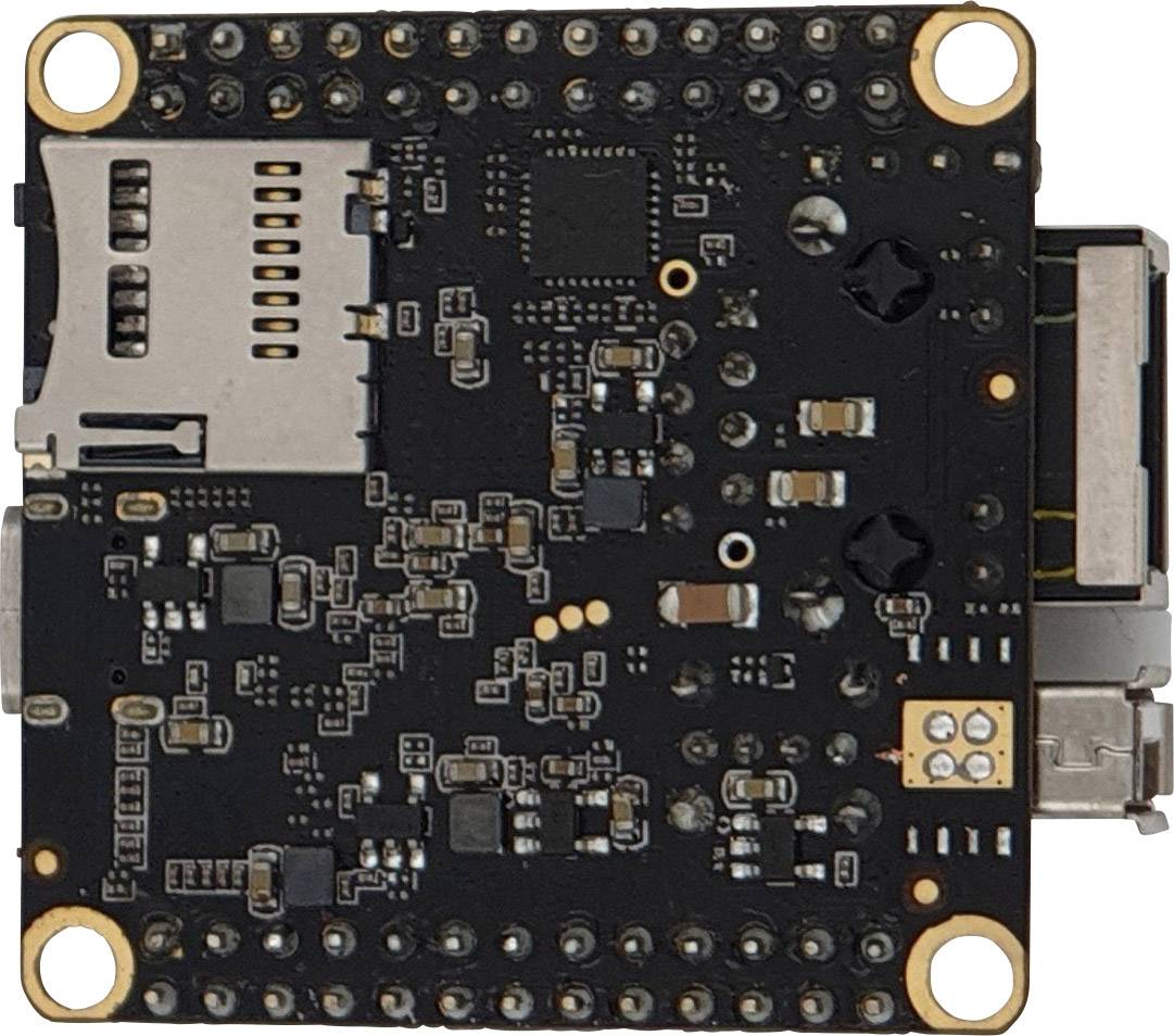 Kleines, quadratisches Mikrocontroller-Board mit zahlreichen elektronischen Komponenten, sichtbaren Lötstellen und einer SD-Kartenbuchse.