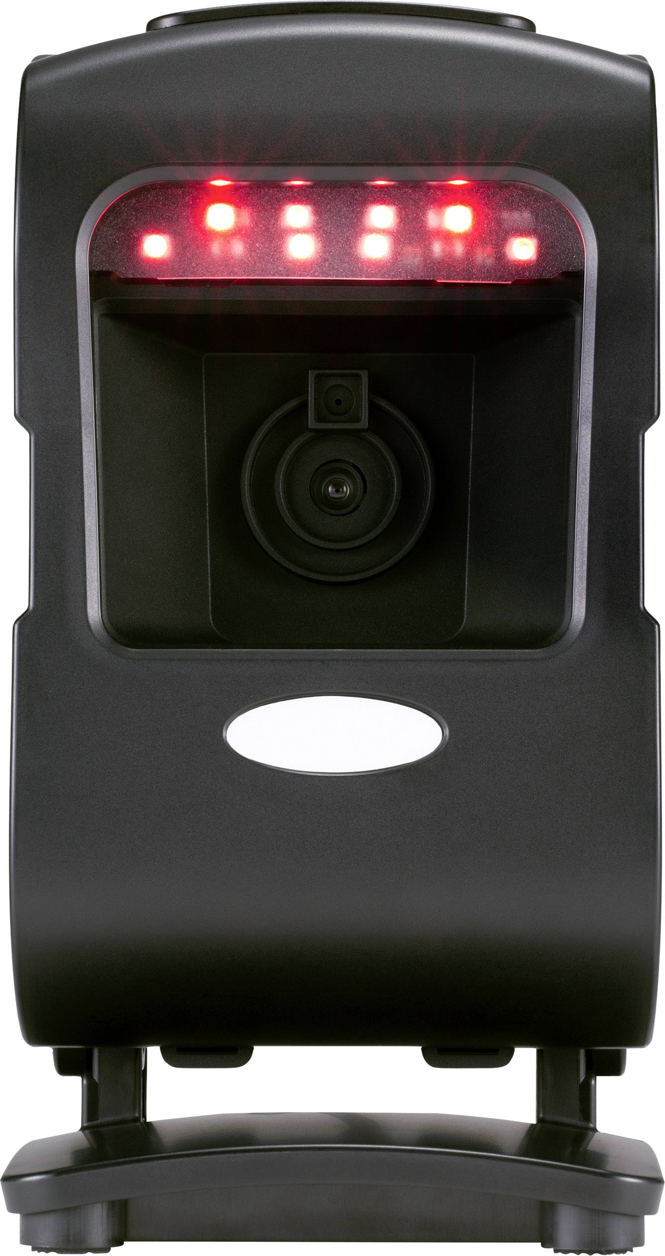 Ein schwarzes Gerät mit einer Kamera in der Mitte und roten LED-Lichtern oben. Es scheint ein Scanner oder Sicherheitsgerät zu sein.