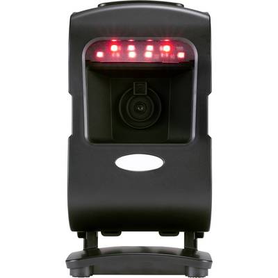 Ein schwarzes Gerät mit einer Kamera in der Mitte und roten LED-Lichtern oben. Es scheint ein Scanner oder Sicherheitsgerät zu sein.