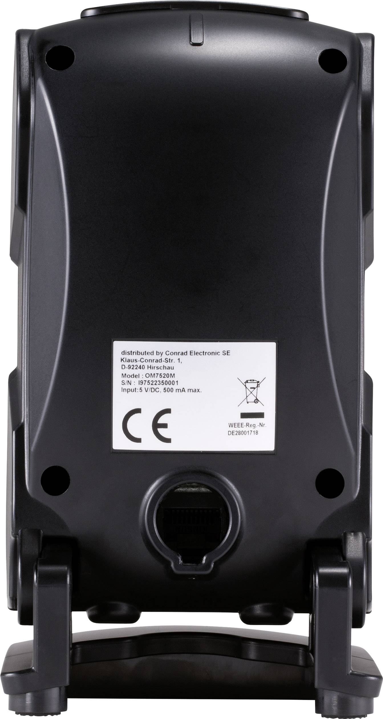 Rückansicht eines schwarzen elektronischen Geräts mit CE-Kennzeichnung und technischen Informationen auf einem weißen Aufkleber.