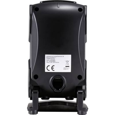 Rückansicht eines schwarzen elektronischen Geräts mit CE-Kennzeichnung und technischen Informationen auf einem weißen Aufkleber.