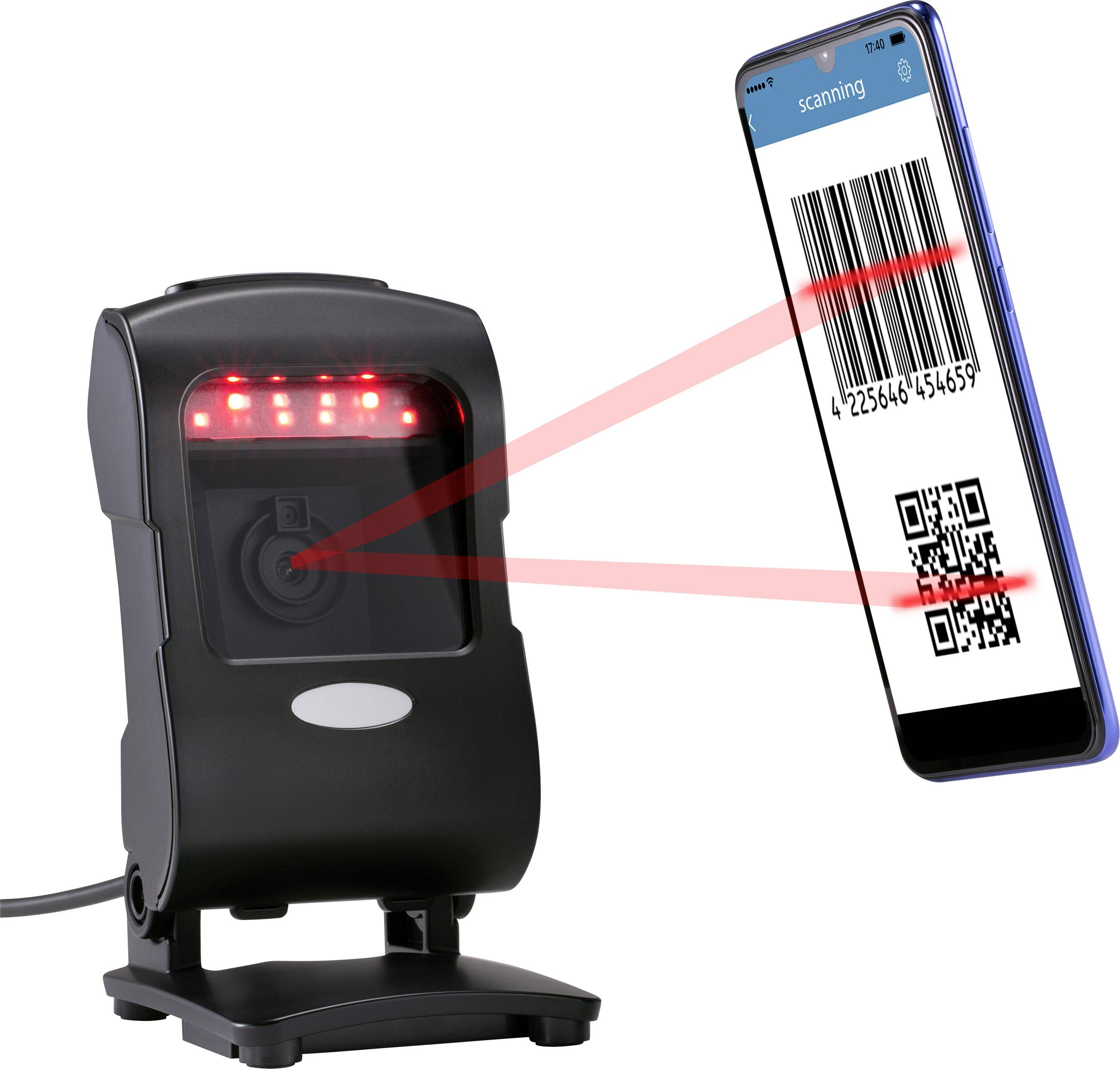 Ein Barcode-Scanner liest einen Barcode von einem Smartphone-Bildschirm, das 'scanning' anzeigt.