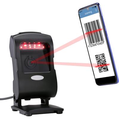 Ein Barcode-Scanner liest einen Barcode von einem Smartphone-Bildschirm, das 'scanning' anzeigt.