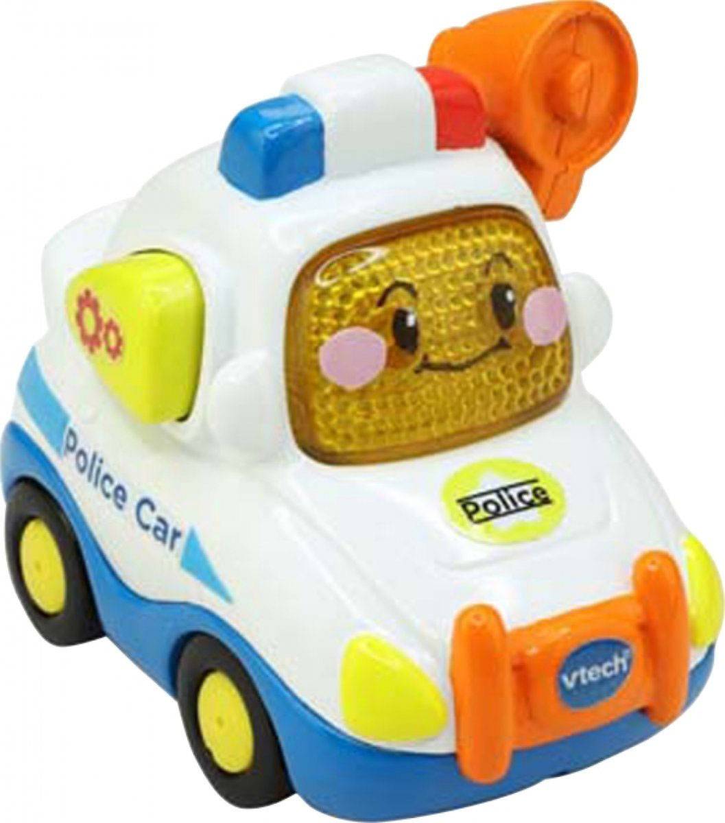 Spielzeugauto in Form eines Polizeiautos mit fröhlichem Gesicht, orangefarbener Leuchte und blauen sowie gelben Farbakzenten.