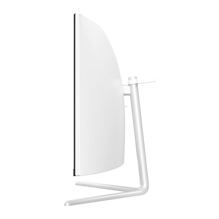 Seitenansicht eines weißen Computermonitors auf einem modernen Ständer, zeigt das schlanke Design und die schmale Profilansicht.