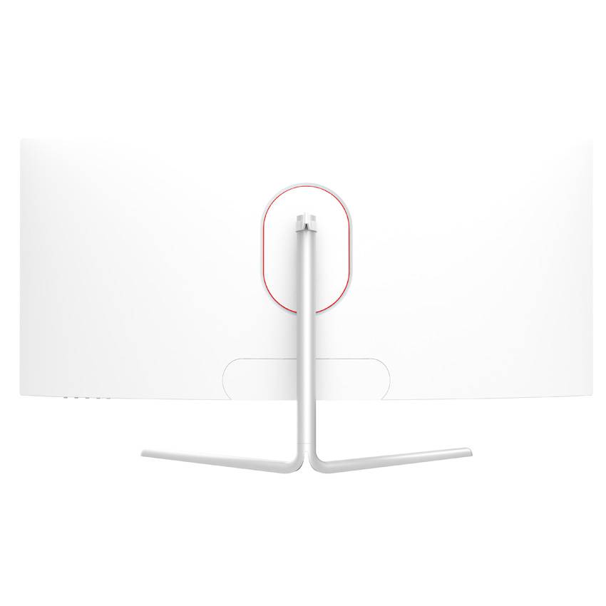 Rückansicht eines weißen, gebogenen Computerbildschirms auf einem zweibeinigen Ständer, mit einem roten Akzent um die Halterung.