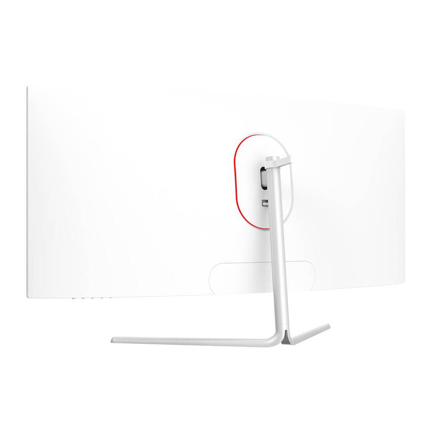 Rückansicht eines weißen gebogenen Monitors mit schlankem, stabilem Standfuß und roten Akzenten um die Anschlüsse herum.