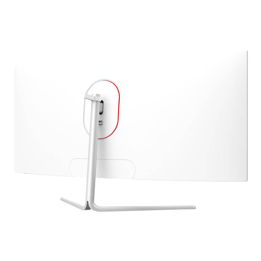 Ein weißer, gebogener Computerbildschirm von hinten mit einem roten Detail am Befestigungspunkt des Standfußes.