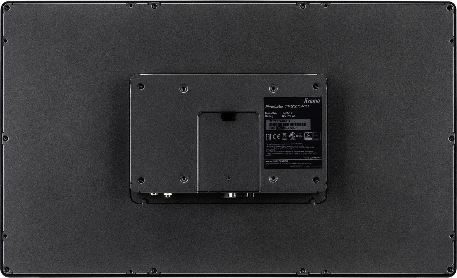 Rückseite eines schwarzen Monitors mit Befestigungshalterung und Anschluss für Kabel. Klares Etikett mit Spezifikationen und Modellnummer.