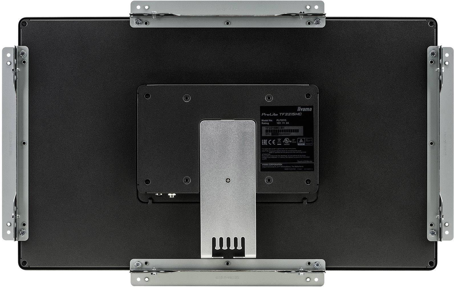 'Monitor-Rückseite mit Halterungen und VESA-Montageplatte, schwarze Oberfläche und silberne Halterungsarme.'