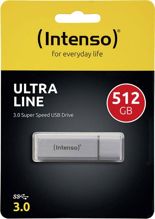 Verpackung eines Intenso USB Sticks, Modell 'Ultra Line', mit 512 GB Kapazität. Unterstützt USB 3.0 für hohe Datenübertragungsgeschwindigkeit.