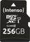 Eine schwarze Intenso MicroSDXC Speicherkarte mit 256GB Kapazität, U1 und Class 10 Geschwindigkeitsklassen.