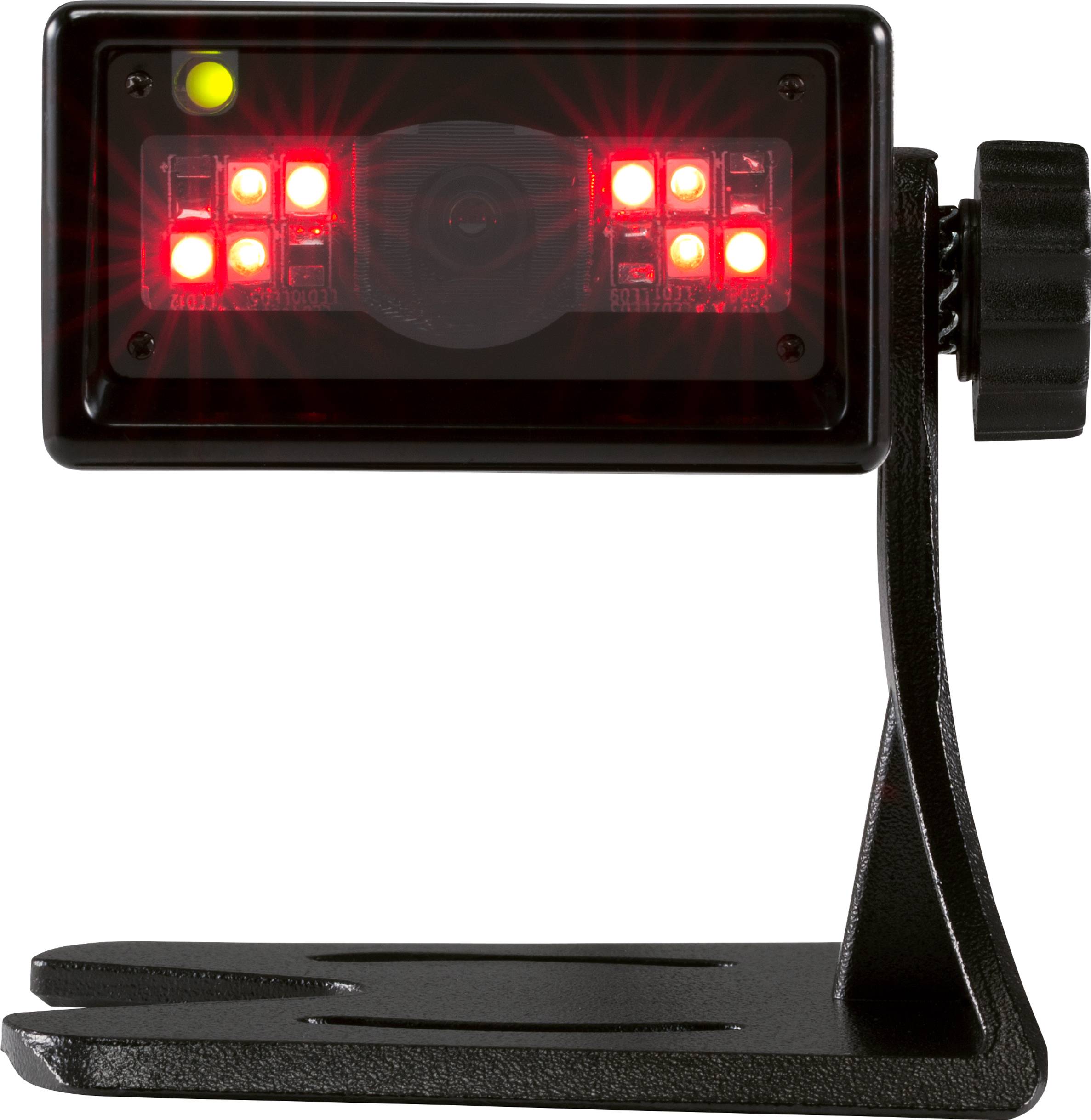 Ein schwarzes Gerät mit fünf leuchtenden roten LED-Lichtern und einer grünen LED oben links, montiert auf einem Metallständer.