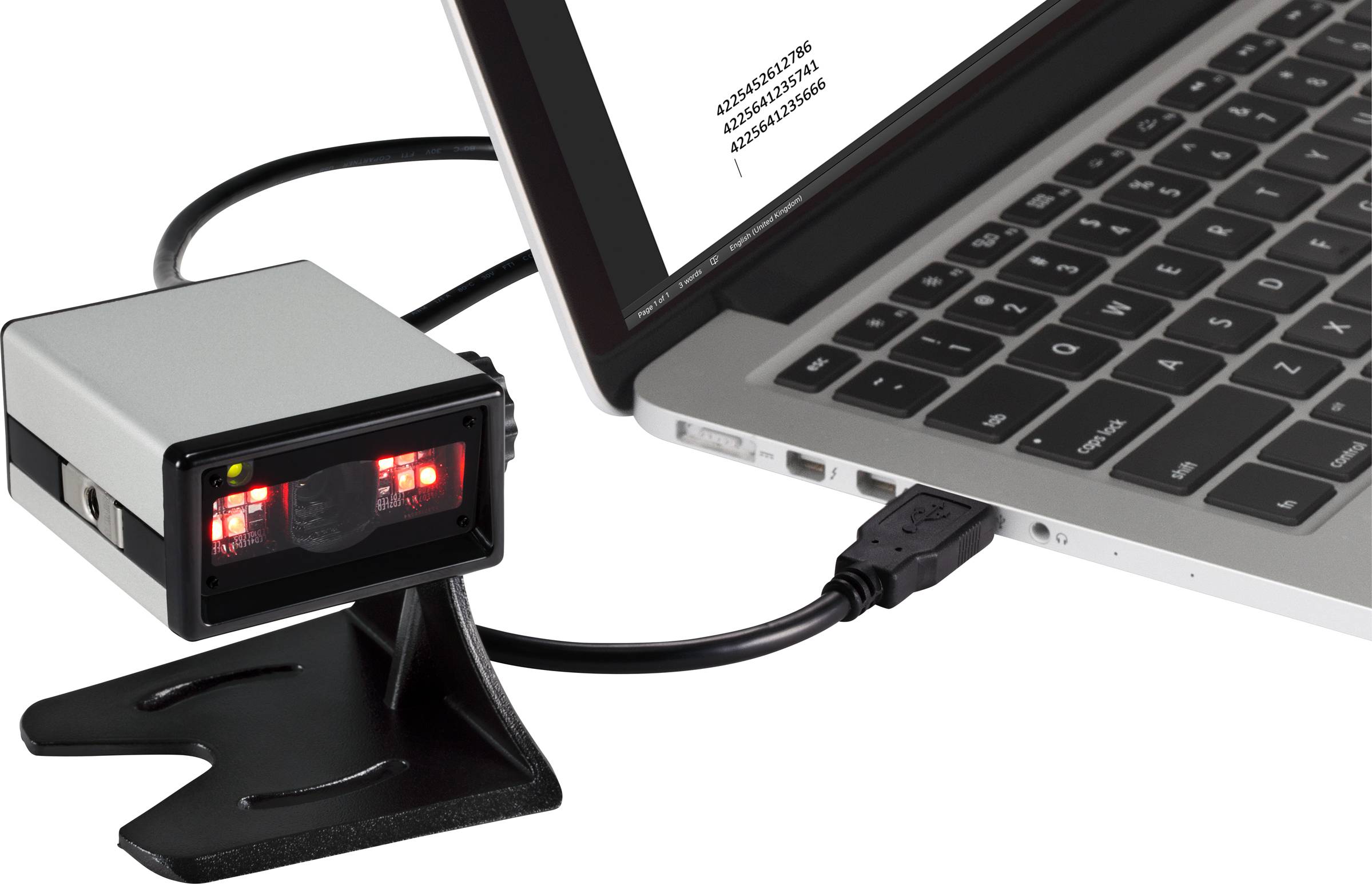 Scanner mit USB-Anschluss an einen Laptop. Der Laptop-Bildschirm zeigt eine Liste von Zahlen. Der Scanner hat zwei rote Lichter.