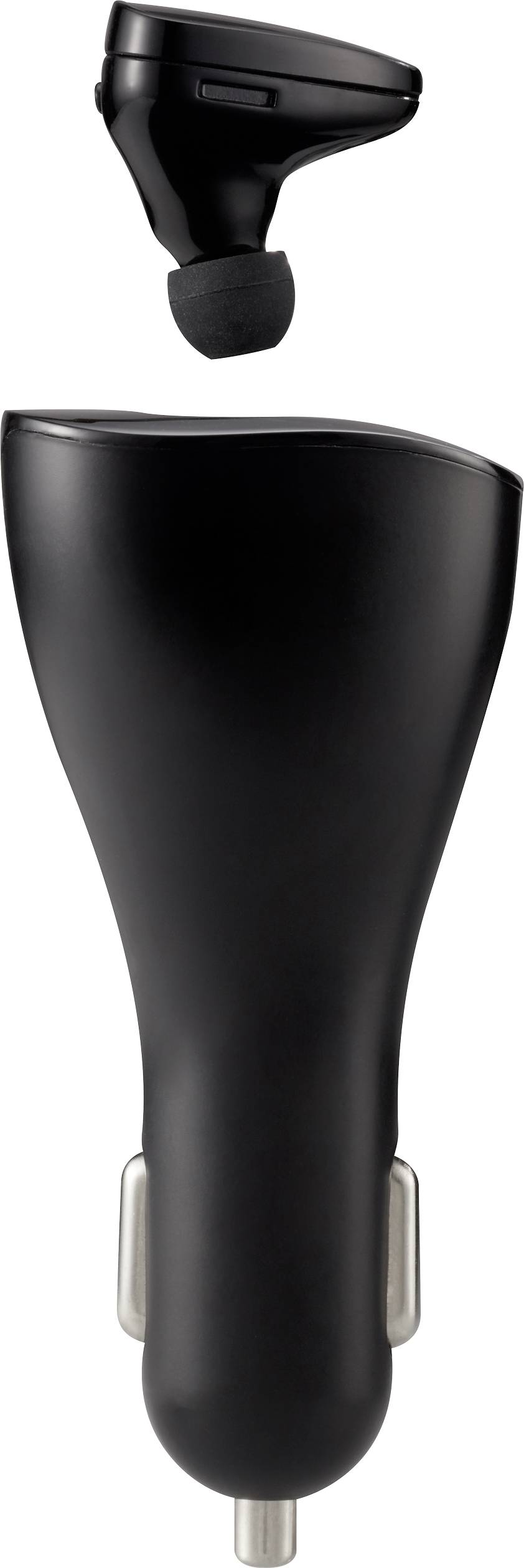 Schwarz glänzendes Bluetooth-Headset mit Ladestation, Ansicht von der Seite. Kopfhörer oberhalb der Steckereinheit schwebend dargestellt.