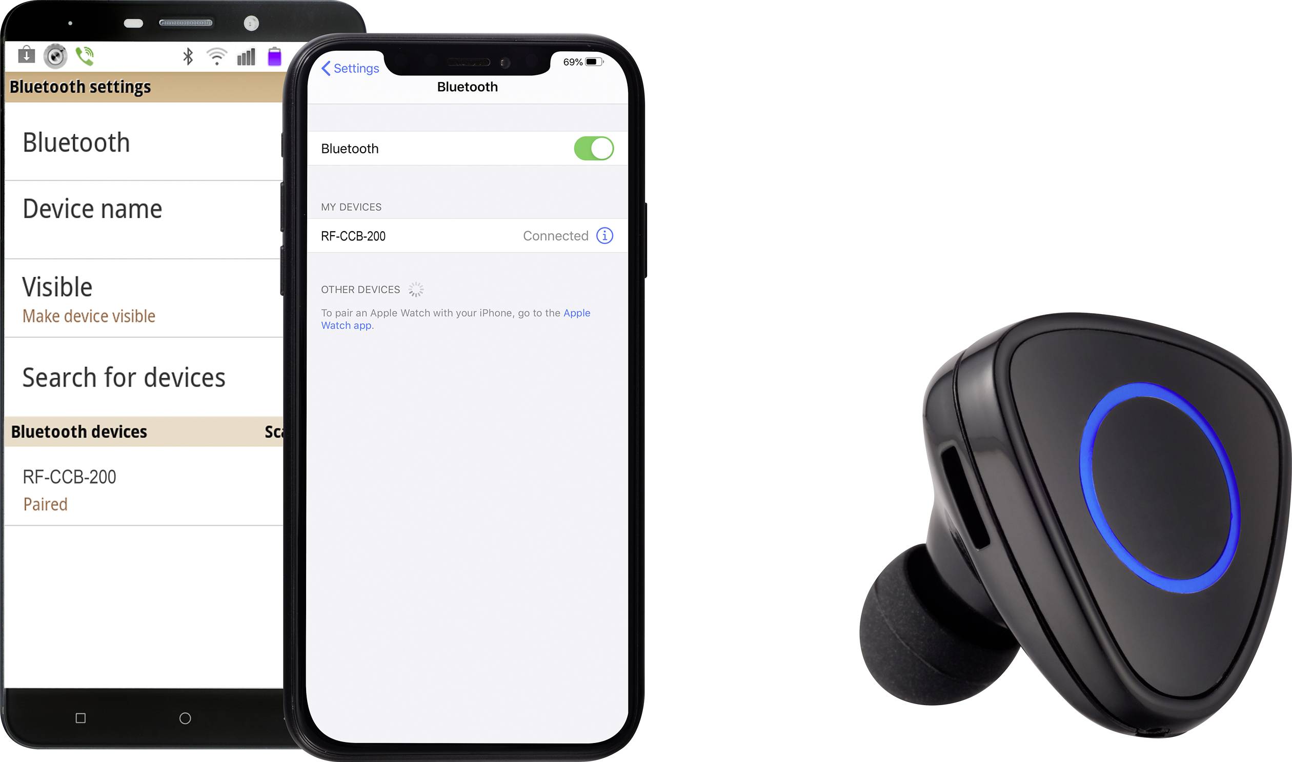 Smartphone links sich über Bluetooth mit kabellosem Ohrhörer. Bildschirm zeigt verbundene Geräte und Bluetooth-Einstellungen.