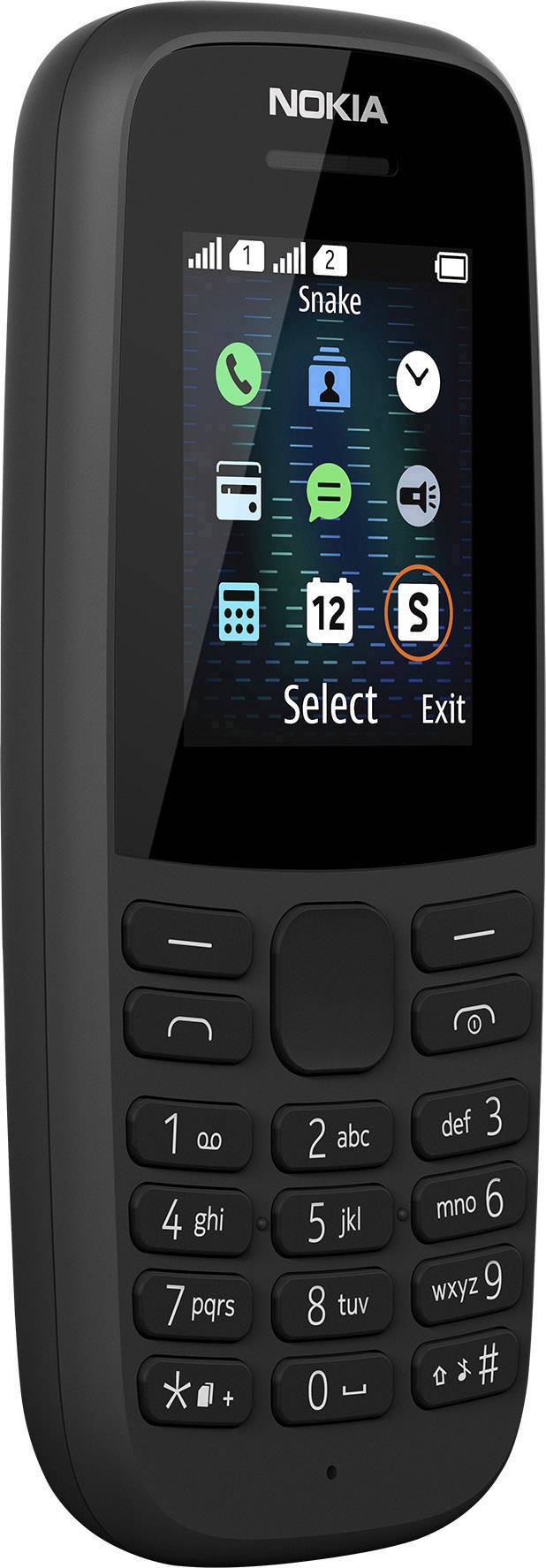 Ein einfaches Mobiltelefon mit Tasten und kleinem Display. Auf dem Bildschirm sind App-Symbole wie Telefon, Nachrichten und Einstellungen zu sehen.