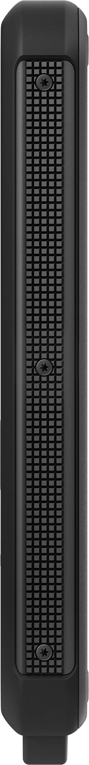 Eine schwarze vertikale elektrische Heizung mit Gittern und zwei Drehreglern an der Seite.