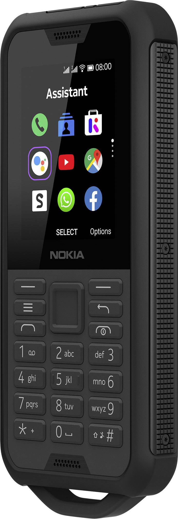 Ein robustes, schwarzes Nokia-Mobiltelefon mit physischer Tastatur und Farbdisplay, auf dem verschiedene App-Symbole zu sehen sind.