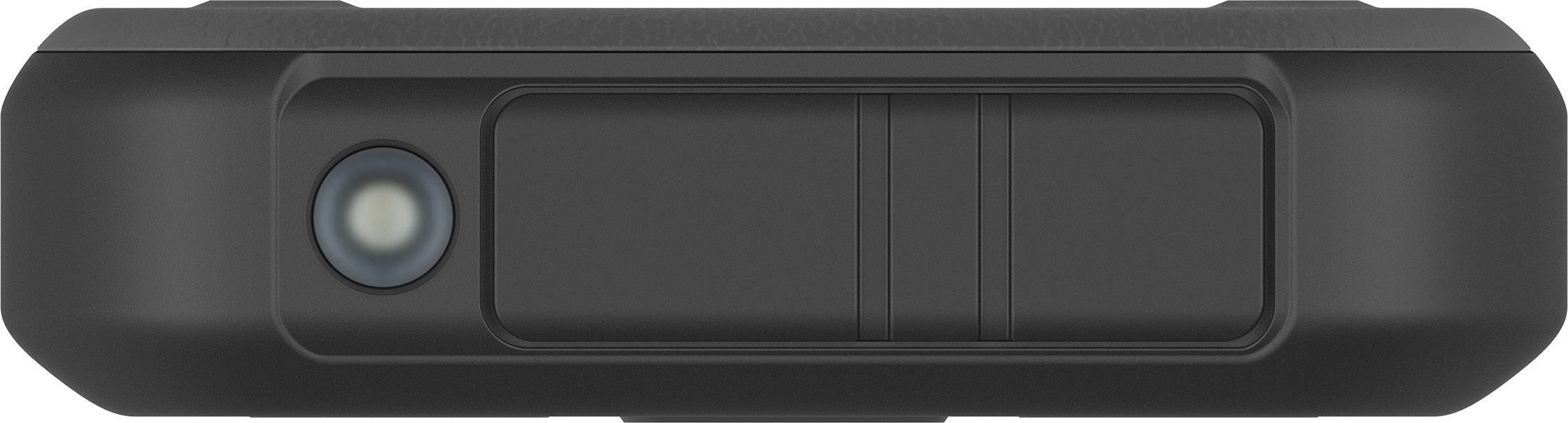 Schwarzes, rechteckiges Gerät mit Linse links, möglicherweise eine Kamera, auf neutralem Hintergrund.