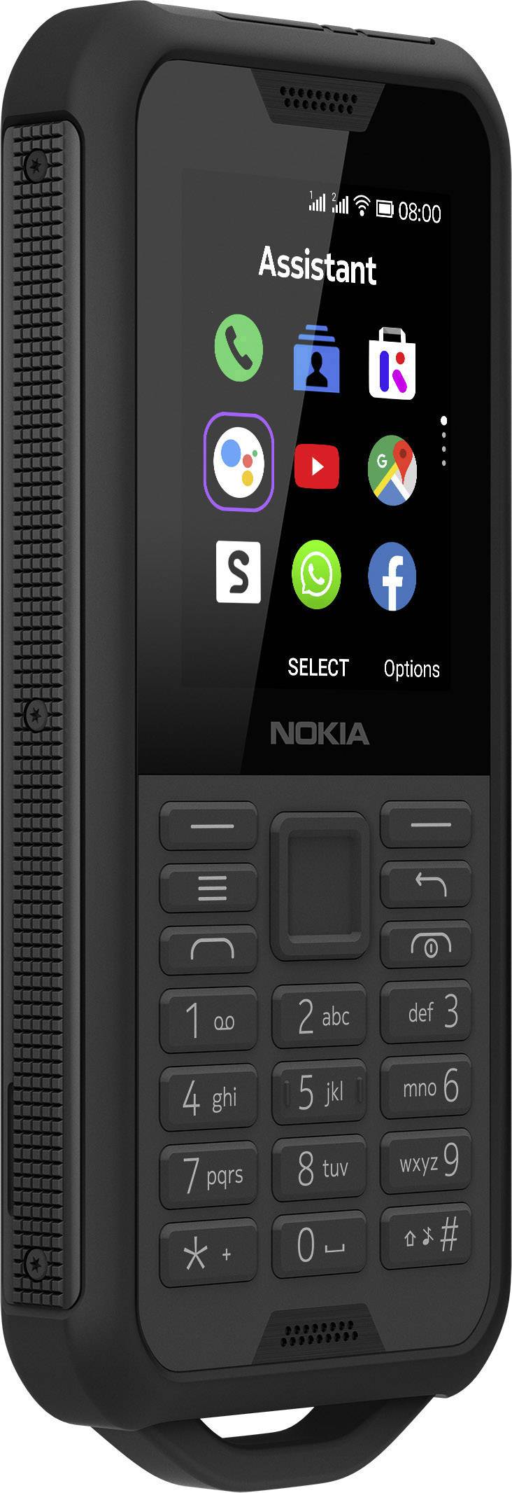 Ein robustes schwarzes Mobiltelefon mit Tasten und kleinem Bildschirm, zeigt verschiedene App-Icons.