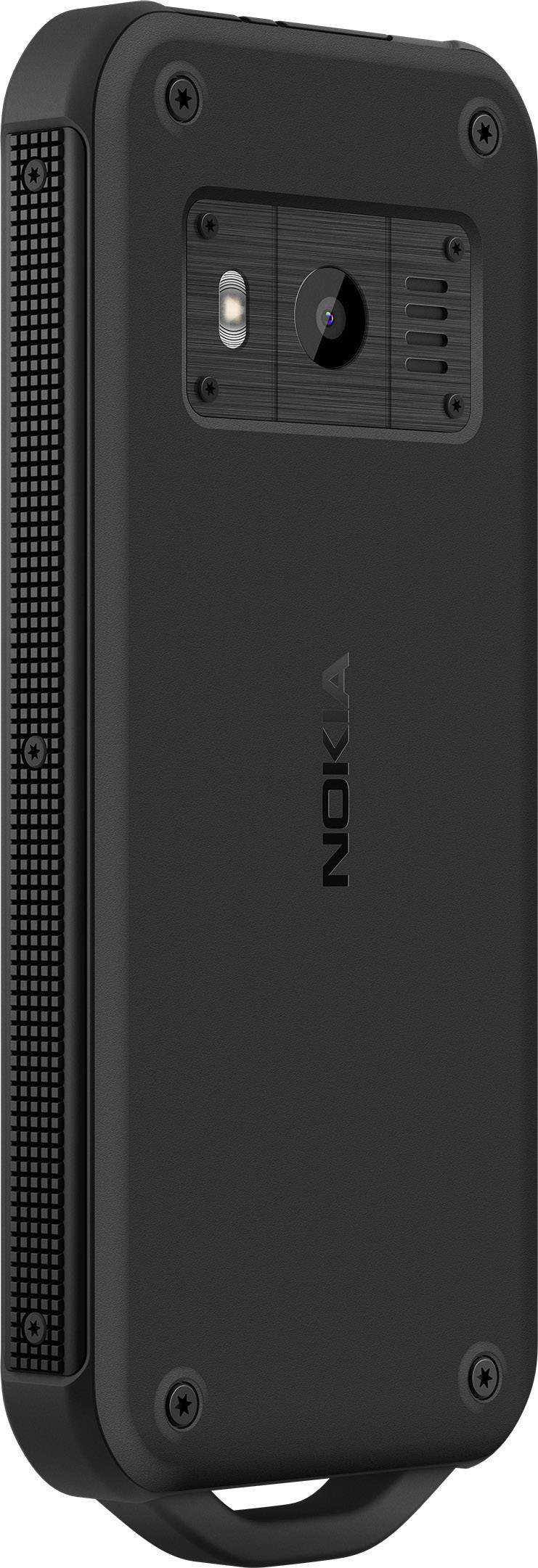 Ein robustes, schwarzes Mobiltelefon mit sichtbarer Rückkamera und Lautsprecher, geeignet für strapazierfähige Einsätze.