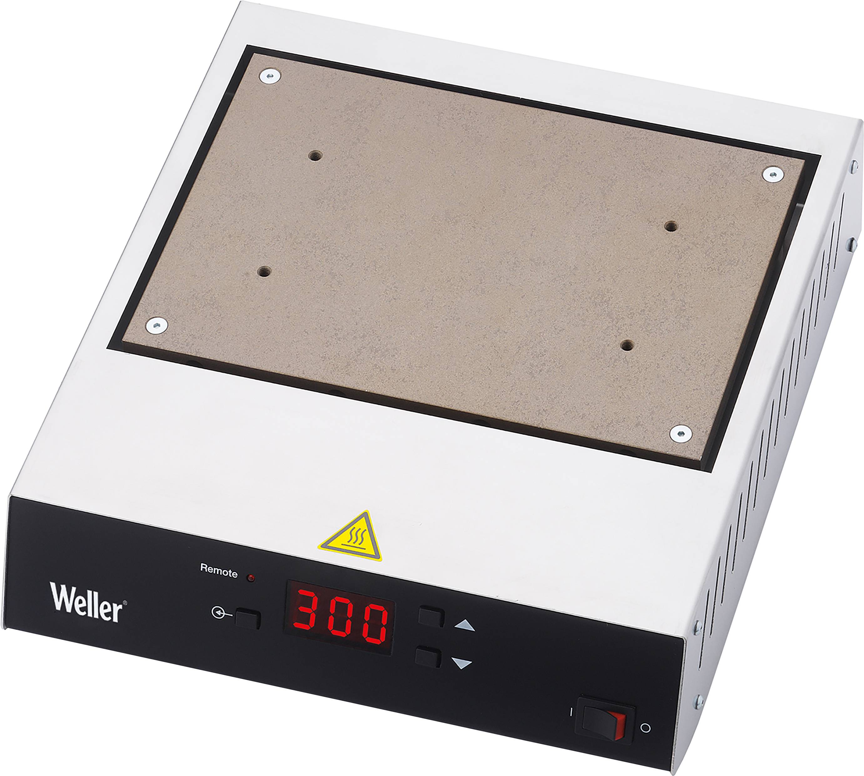 Eine Heizplatte mit digitaler Temperaturanzeige, die '300' anzeigt. Markenname unten links.