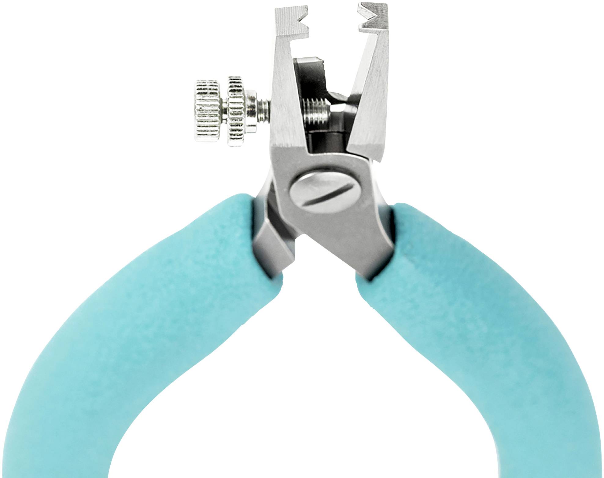 Eine türkisfarbene Drahtschneidezange mit einer Metallkonstruktion und einem Einstellschraubmechanismus oben.