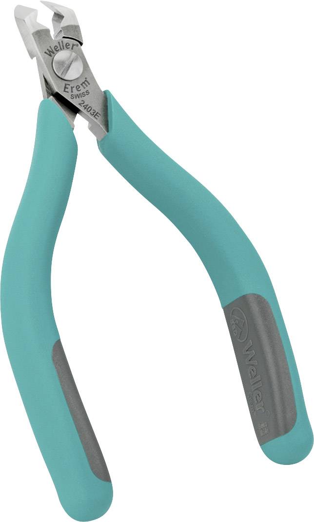 Ein grüner Seitenschneider mit ergonomischen Griffen, Etikett 'Weller Erem' sichtbar, Werkzeug zum Schneiden von Draht.