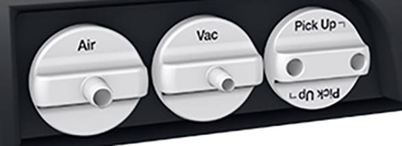 Drei runde Knöpfe mit Beschriftungen: 'Air', 'Vac', 'Pick Up'. Jeder Knopf hat einen zentralen Schalter zum Drehen.
