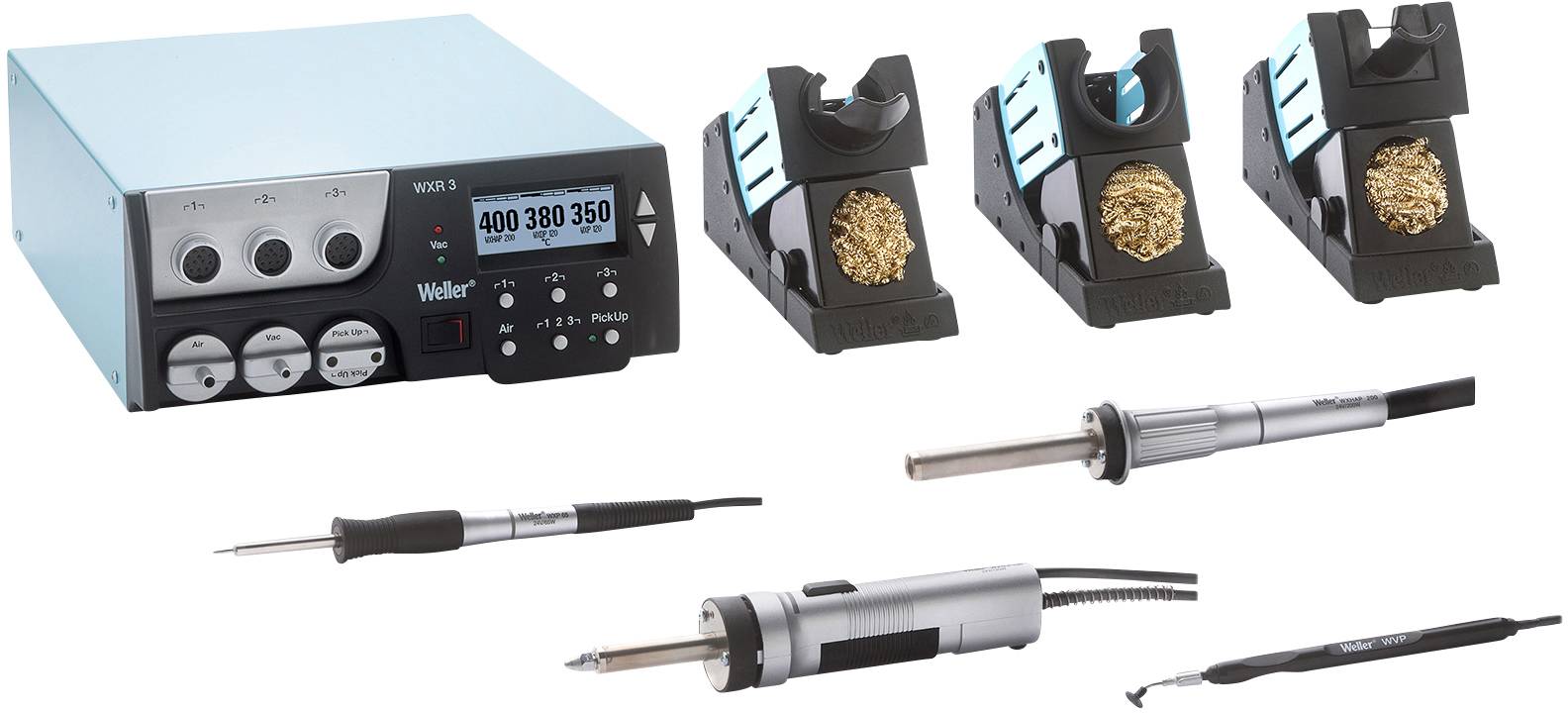 Lötstation-Set: Steuergerät mit digitalem Display, drei Lötkolbenhalter mit Reinigungseinsätzen, zwei Lötkolben und eine Pinzette.