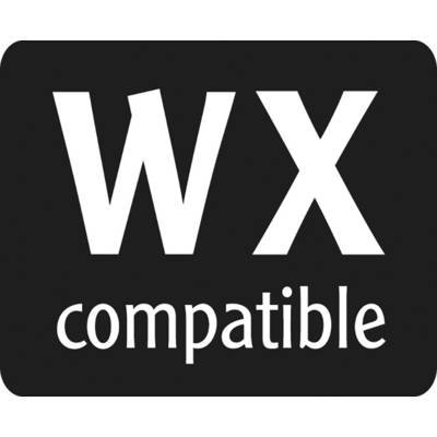 Schwarzes Rechteck mit weißem Text 'WX compatible', Symbol für technische Kompatibilität.