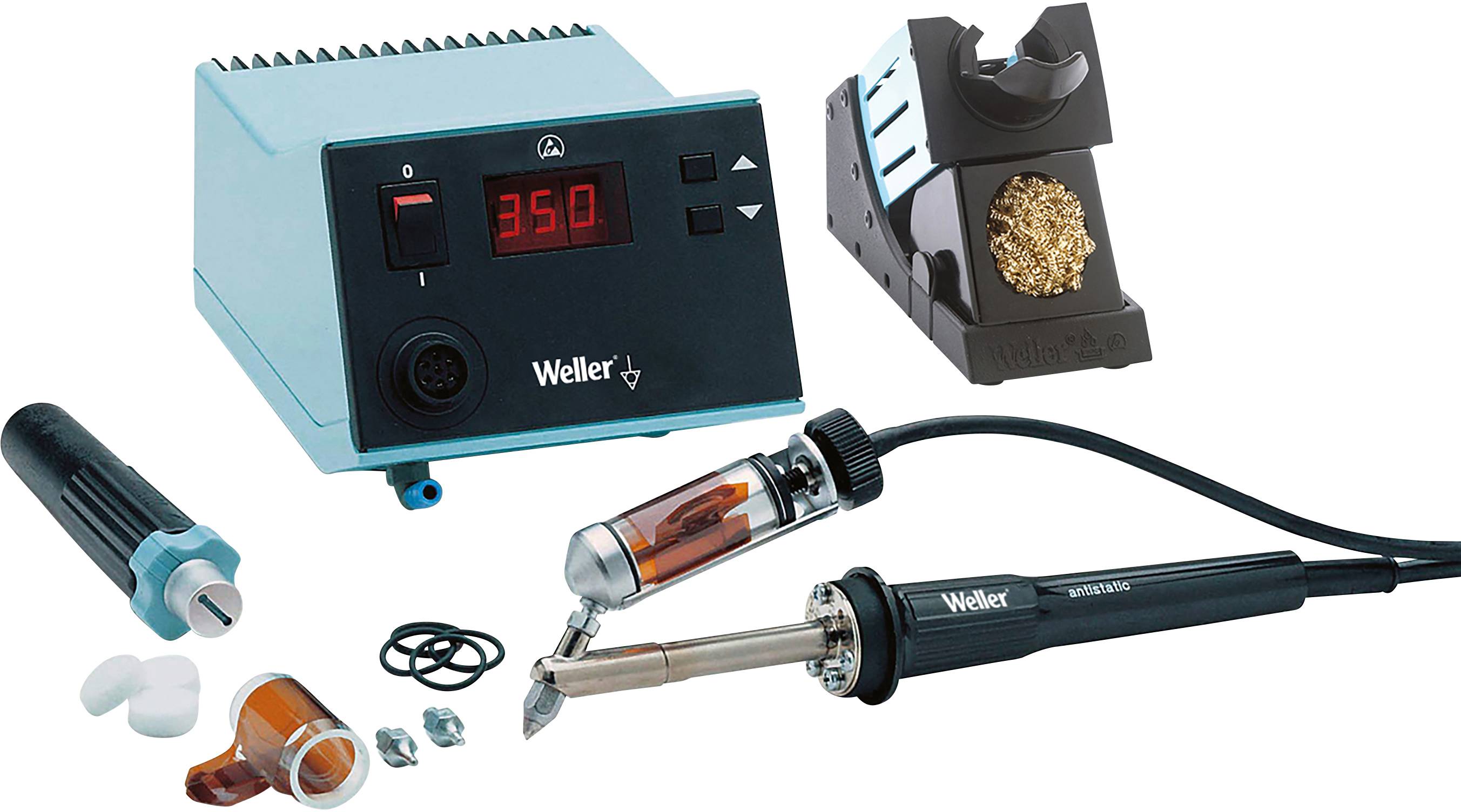 'Elektronik-Lötstation von Weller mit digitaler Temperaturanzeige, Lötkolben, Halterung und Zubehör, geeignet für präzises Löten.'