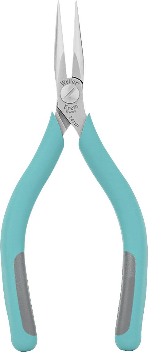 Lange Spitzzange mit blauen Griffen, geschlossen. Geeignet für präzise Arbeiten, wie das Halten oder Biegen kleiner Objekte.