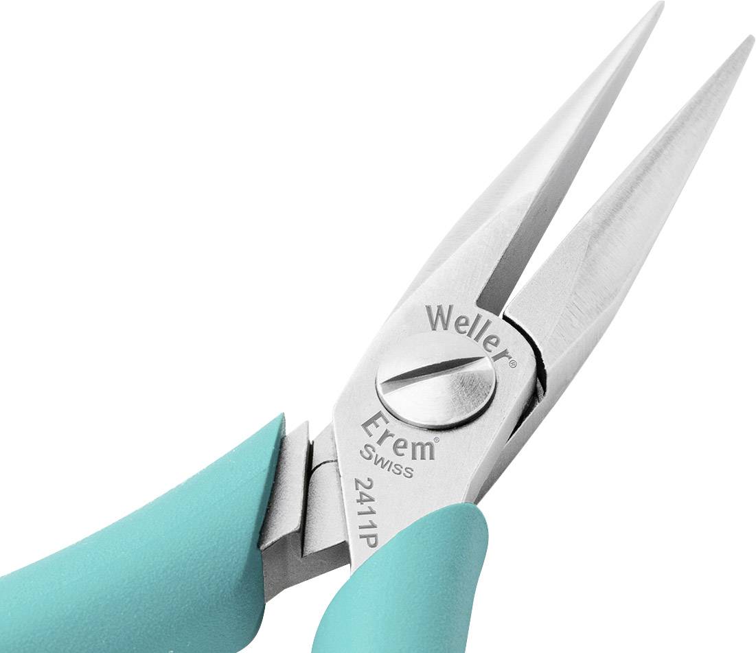 Nahaufnahme einer spitzen Zange mit blauen Griffen und der Aufschrift 'Weller Erem Swiss 2411P'. Geeignet für präzise Arbeiten.