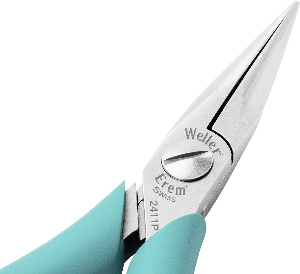 Eine Spitzzange mit blauen Griffen und der Aufschrift 'Weller Erem 2411P' auf der Zange.