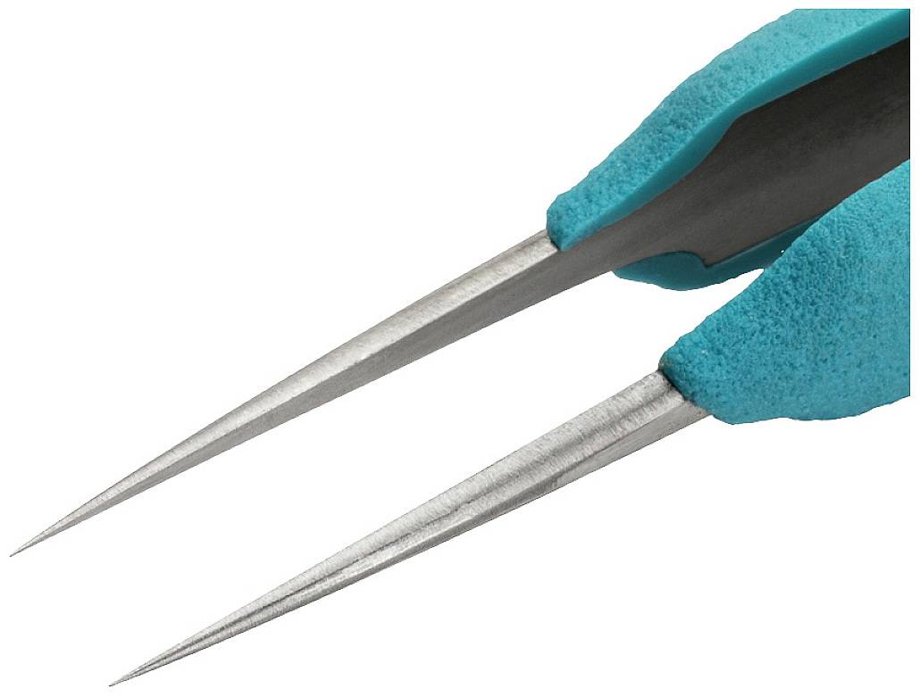 Eine spitze Pinzette mit blauen Griffen, geeignet für präzises Arbeiten, wie Elektronik- oder Schmuckreparaturen.