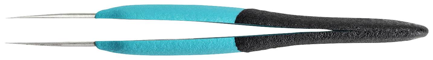 Eine Pinzette mit blauen und schwarzen Griffen, vorgesehen für das präzise Greifen kleiner Gegenstände.