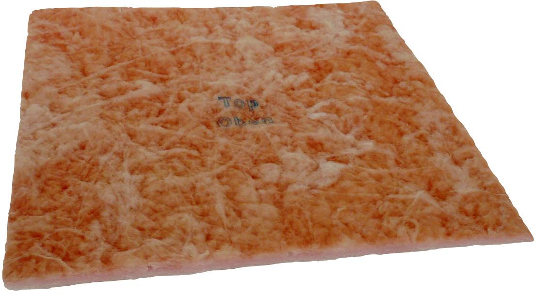 Ein orangefarbener, quadratischer Filter mit der Aufschrift 'Top oben'. Der Filter hat eine flauschige, faserige Textur.