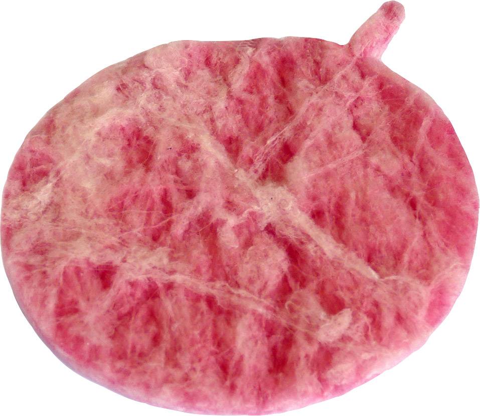 Roter, flacher, runder Gegenstand mit gebrauchter, flauschiger Oberfläche und kleiner Erhebung an der oberen rechten Seite.