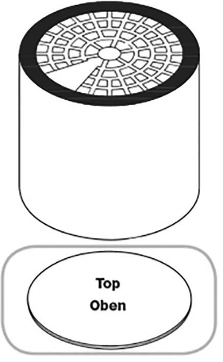 Diagramm eines Zylinders mit markierter Oberseite, die als 'Top Oben' beschriftet ist. Schnittstellenlinien oben hervorgehoben.