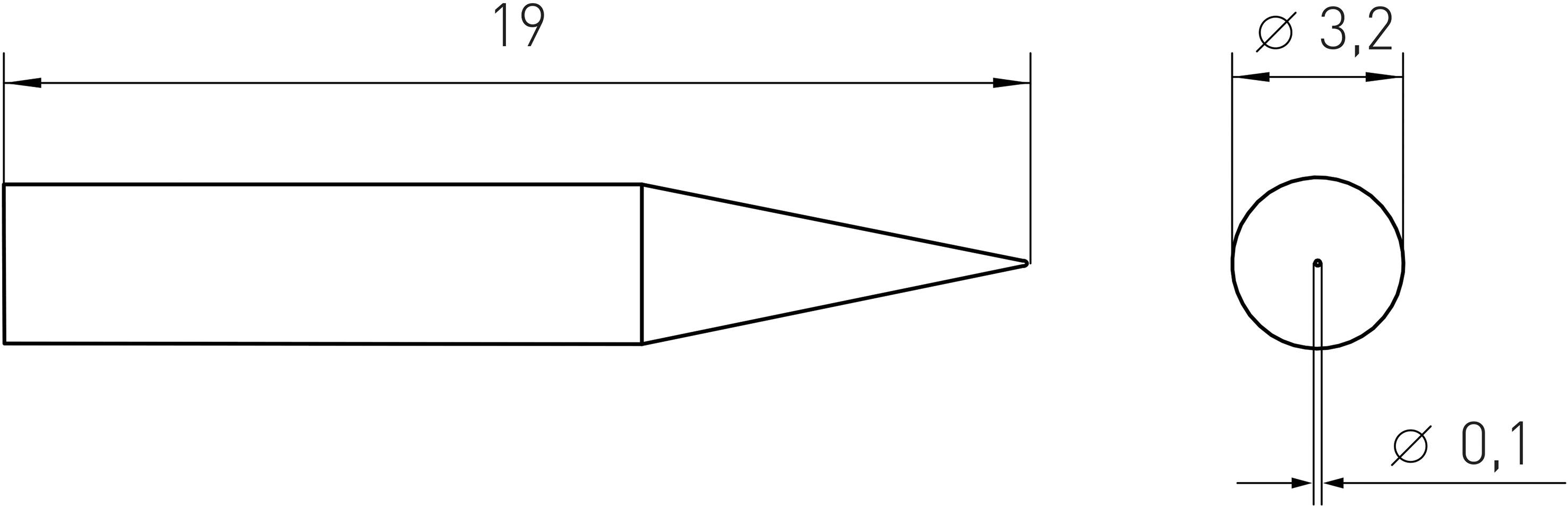 Technische Zeichnung eines zylindrischen Objekts mit konischer Spitze. Länge 19 mm, Durchmesser 3,2 mm, Spitze 0,1 mm.