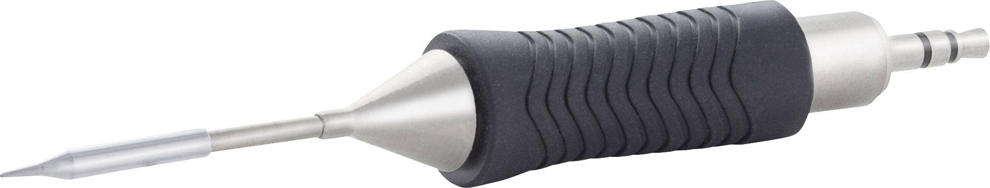 Ein metallischer Präzisions-Schraubendreher mit geriffeltem Griff, geeignet für feinmechanische Arbeiten, liegt schräg auf einer weißen Oberfläche.