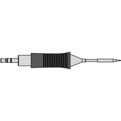 Ein schwarz-weißes Diagramm eines antennenähnlichen Bauteils mit mehreren Abschnitten, darunter ein geriffelter Mittelteil und spitze Enden.