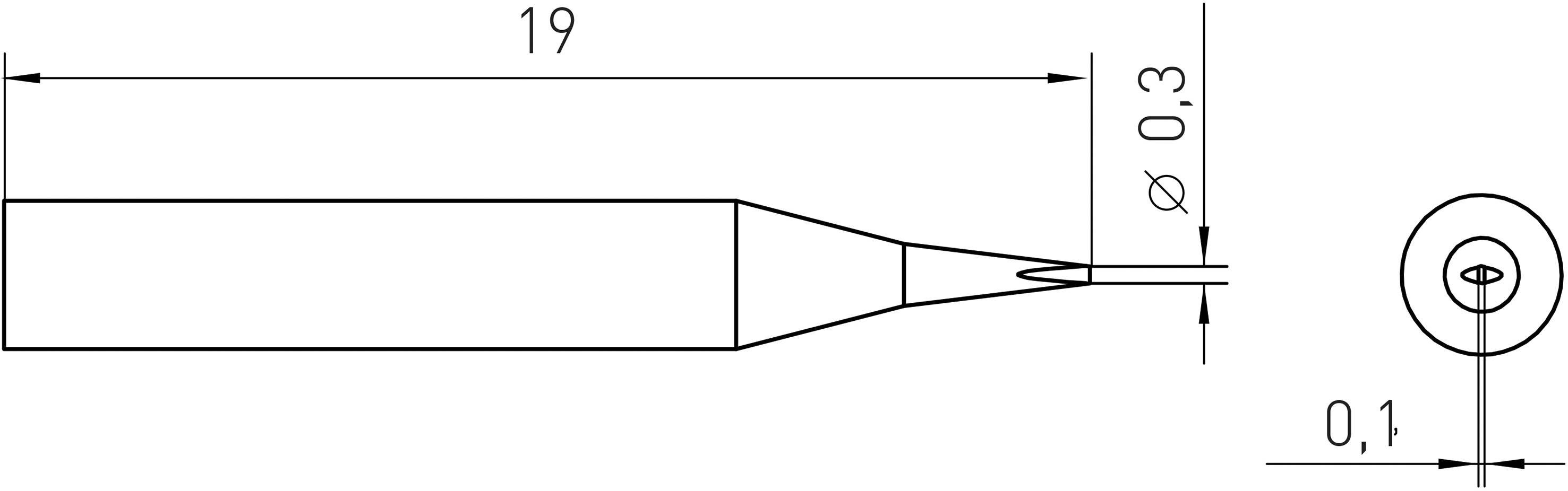Technische Zeichnung eines Lötspitzes mit Maßen: Länge 19 mm, Spitze Durchmesser 0,3 mm, seitliche Ansicht zeigt runde Spitze.