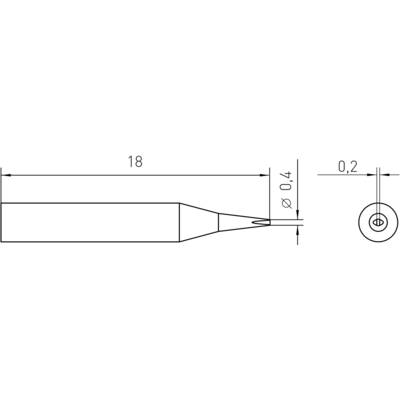Zeichnung einer Lötspitze mit Maßen: Länge 18 mm, Durchmesser 0,4 mm vorne, Querschnitt 0,2 mm. Draufsicht und Seitenansicht.