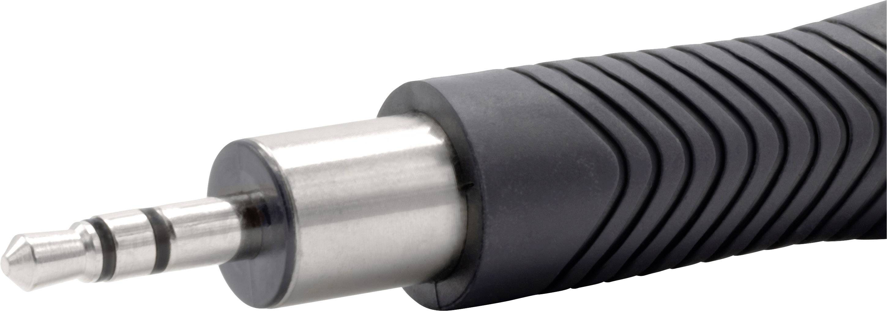 Ein 3,5-mm-Audiostecker mit schwarzem geripptem Kunststoffgehäuse, Ansicht von der Seite.