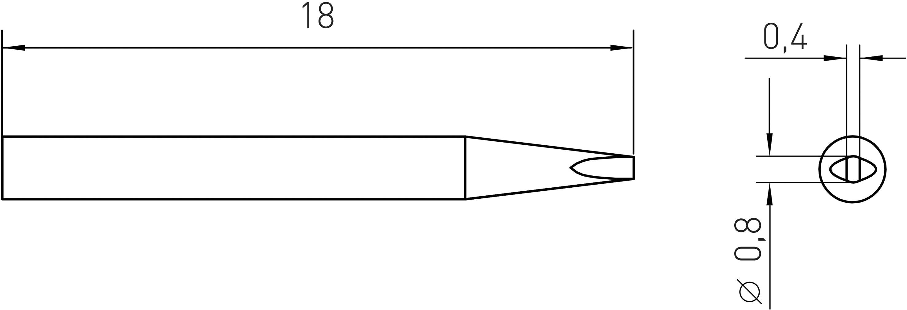 Technische Zeichnung eines zylindrischen Werkzeugs mit Spitzkante. Maße: 18 mm Länge, 0,4 mm Durchmesser an der Spitze, 0,8 mm Umfang.
