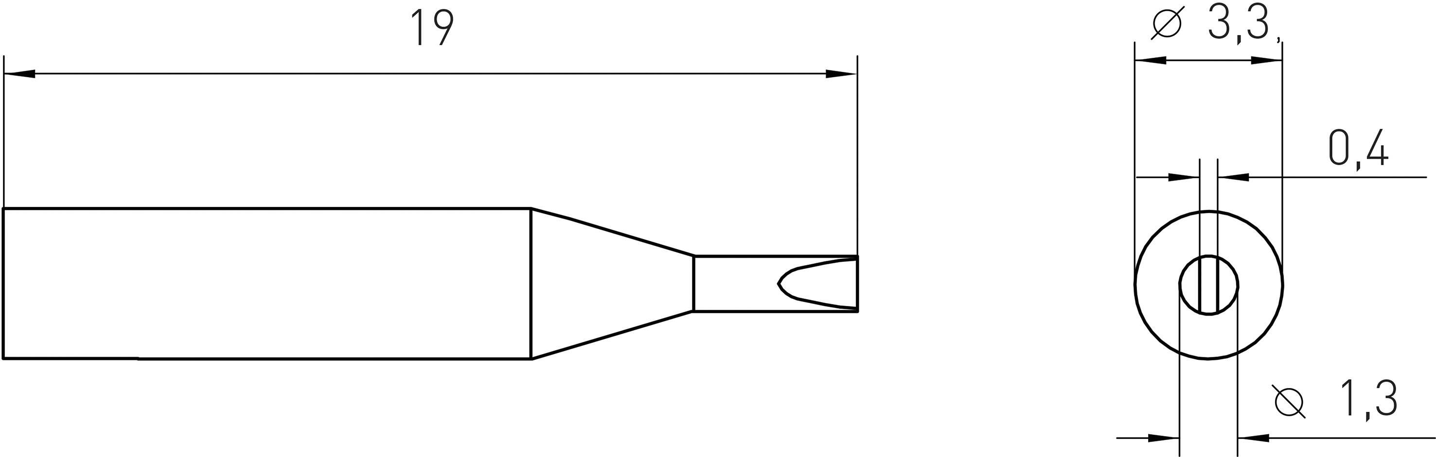 'Seiten- und Vorderansicht eines Schraubendrehereinsatzes mit Längenangaben: Gesamt 19 mm, Durchmesser 3,3 mm, Schlitztiefe 0,4 mm.'