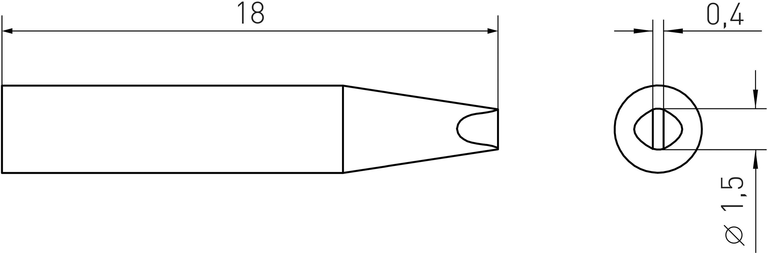 Technische Zeichnung eines Stiftes mit Maßen: Länge 18 mm, Durchmesser der Spitze 1,5 mm, Öffnung 0,4 mm.